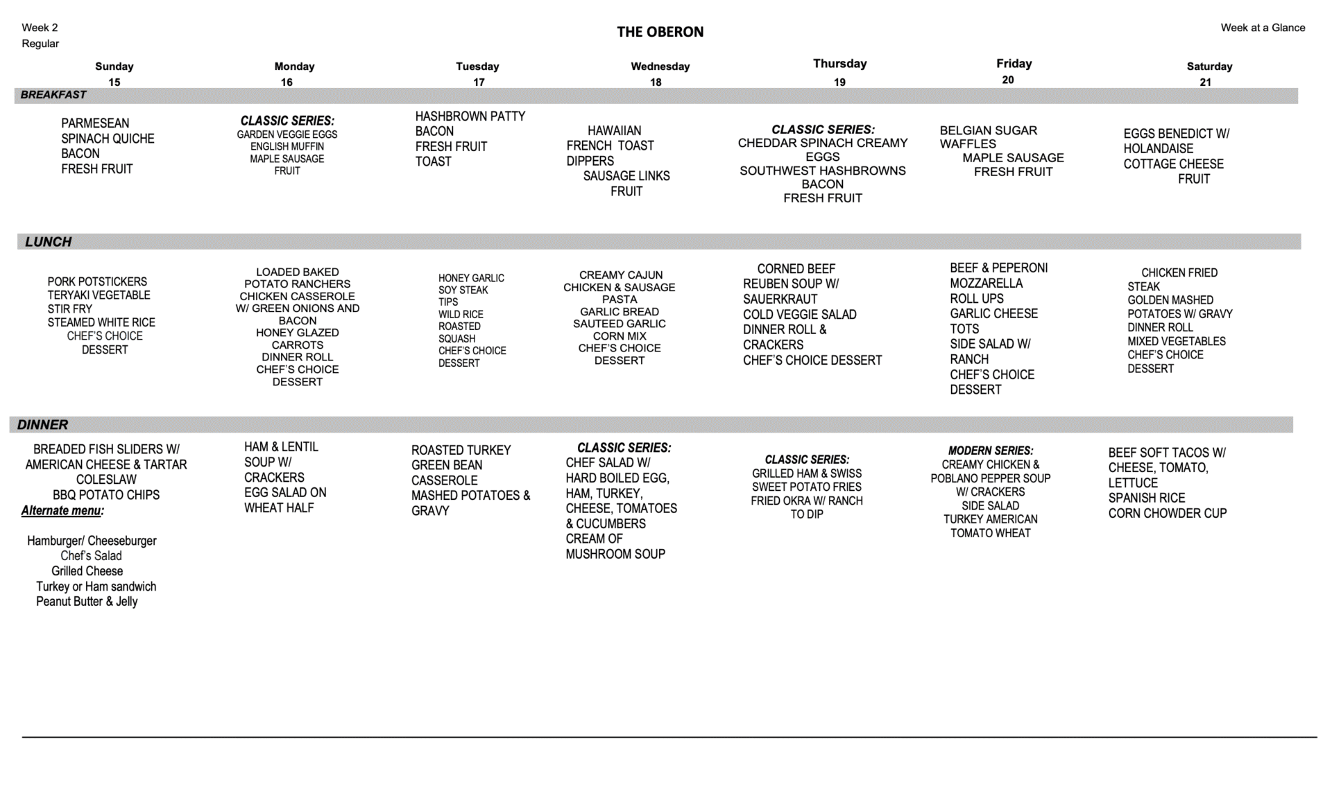Week 2 Regular Menu